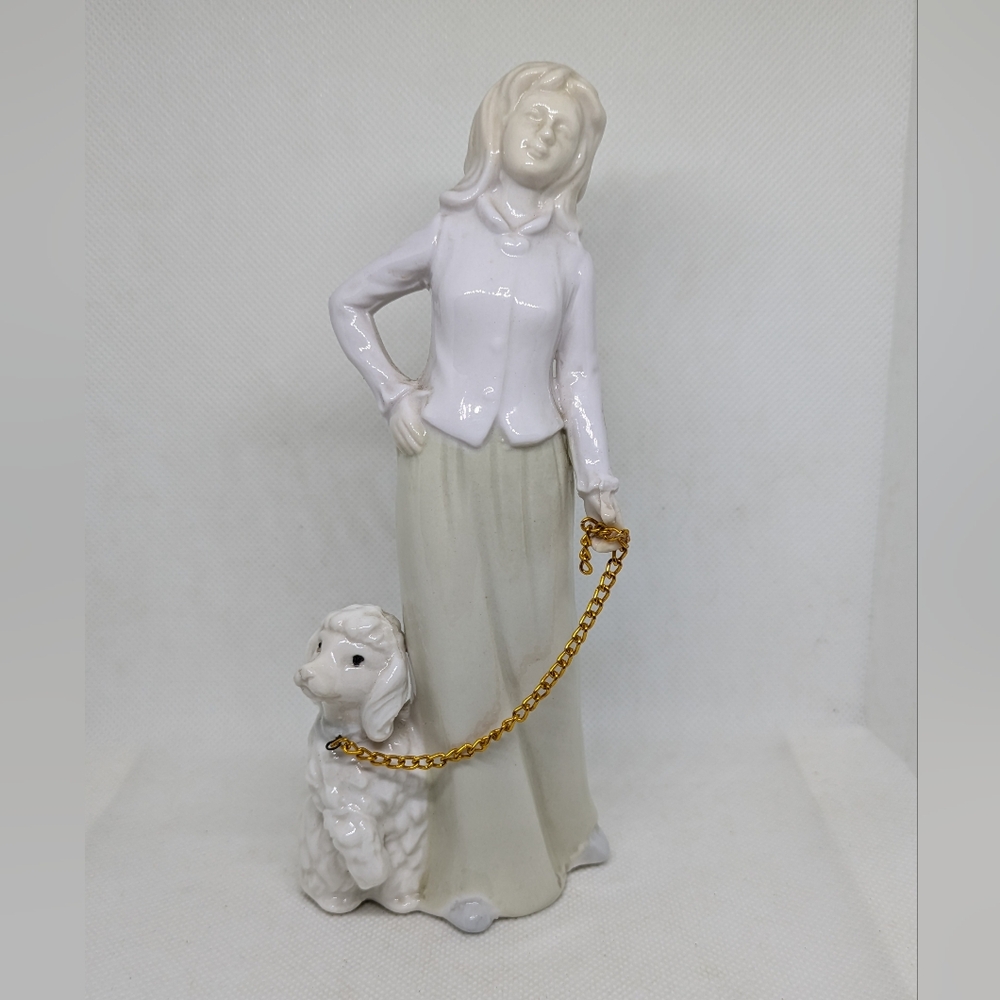 Vintage Porcelain Figurine Woman Walking a Poodle Dog Puppy Pets Decor